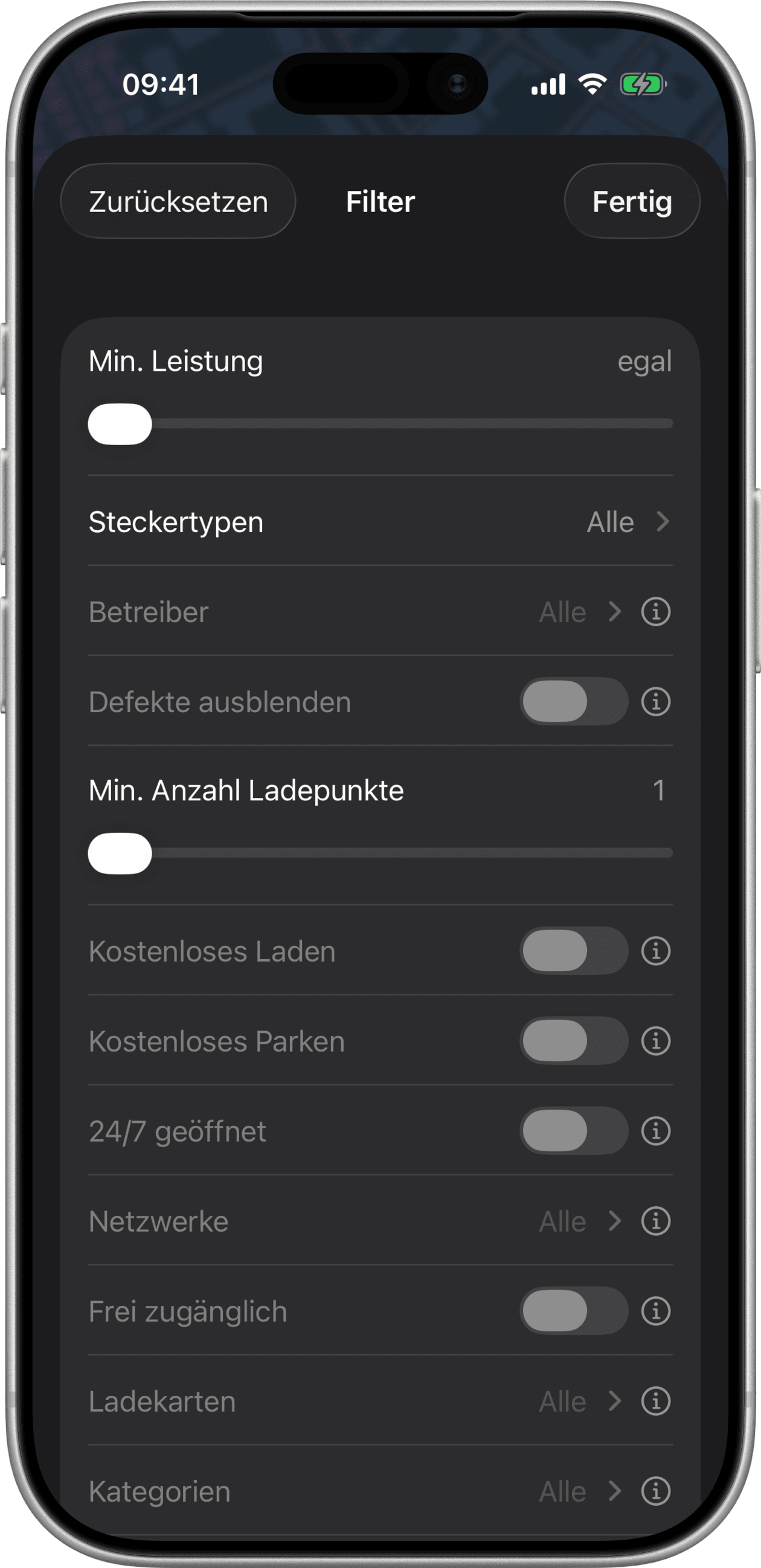 EVMap-Filteroptionen