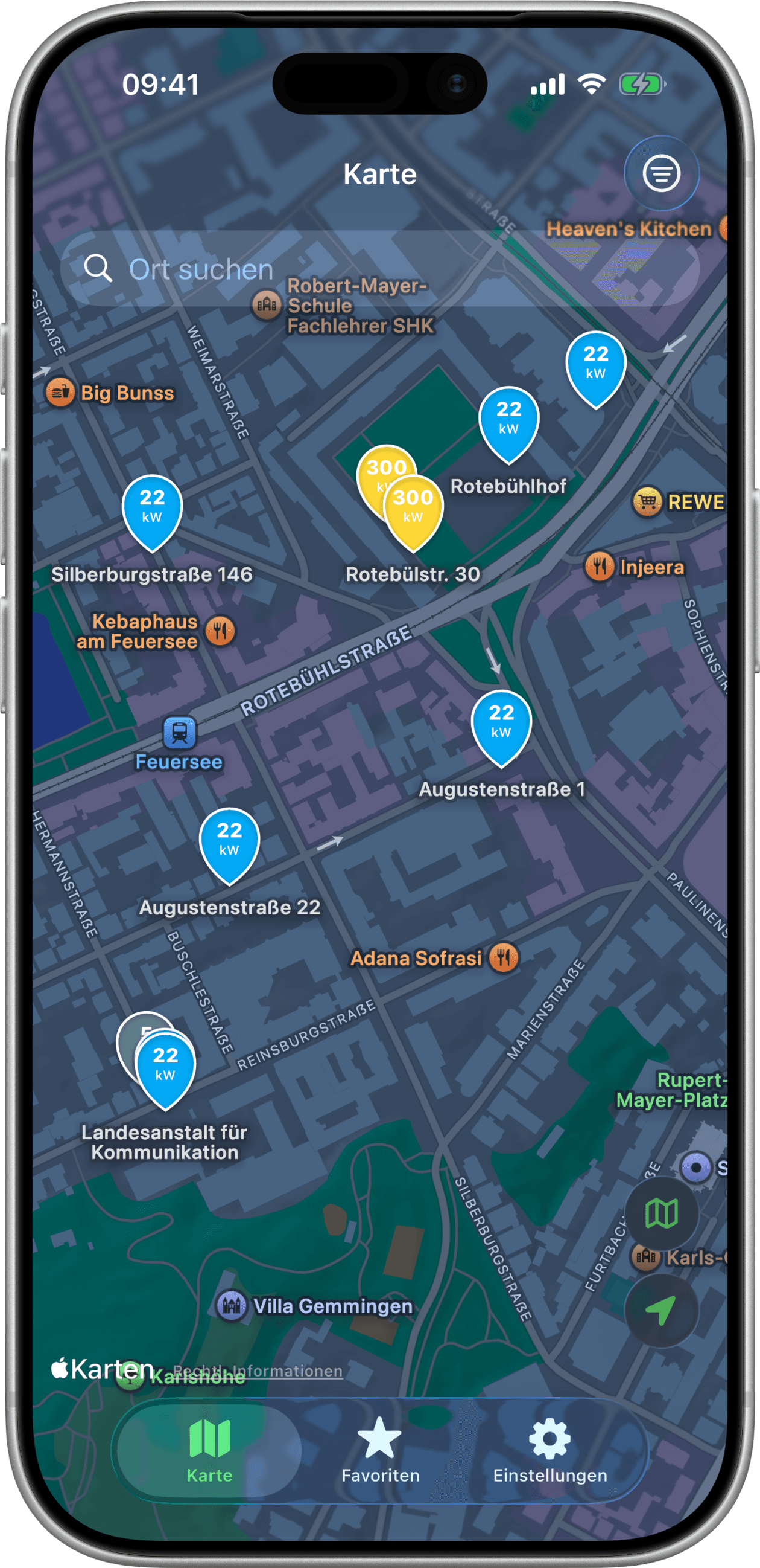 EVMap-Karte mit Ladestationen