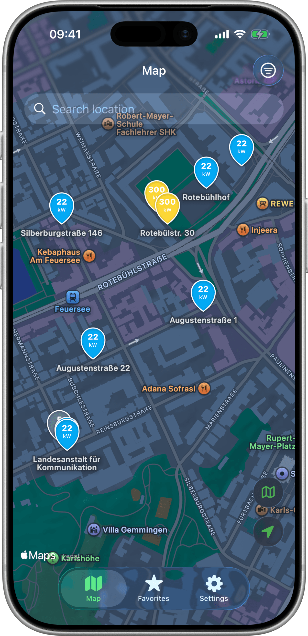 EVMap map with charging stations